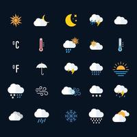 tempo metereologico icona impostare. soleggiato, nuvoloso, piovoso, tempestoso, caldo gradi sole. le stagioni. vettore illustrazione su nero sfondo