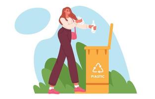 donna con spazzatura. persona prendere su spazzatura. riciclare concetto. piatto vettore illustrazione