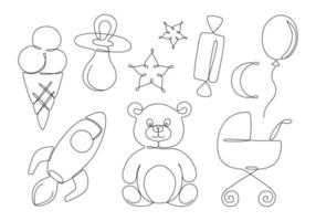 bambino uno linea disegno elementi. collezione di carino bambini oggetti e giocattoli. orso, pacificatore, carrozza. vettore