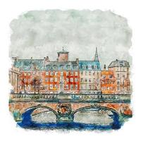 illustrazione disegnata a mano di schizzo dell'acquerello di copenhagen danimarca vettore