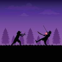 2 ninja combattente a notte con magico energia e Armi piatto illustrazione, ninja guerra illustrazione vettore