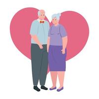 coppia di anziani in piedi, vecchia donna e vecchio uomo in piedi con lo sfondo del cuore vettore