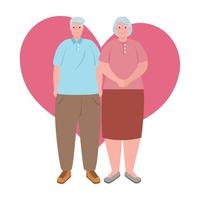 coppia di anziani in piedi, vecchia donna e vecchio uomo in piedi con lo sfondo del cuore vettore