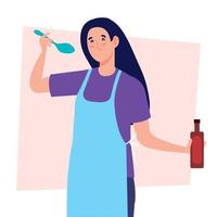 donna cucinando utilizzando grembiule, con bottiglia vino e cucchiaio vettore