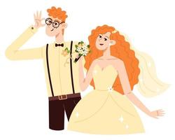 sposa con un' mazzo di fiori e sposo a il nozze, piatto stile illustrazione vettore