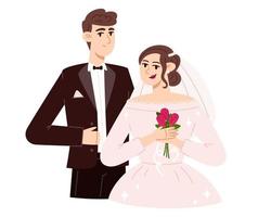 sposa con un' mazzo di fiori e sposo a il nozze, piatto stile illustrazione vettore