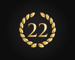 22 anni anniversario logo con d'oro squillare isolato su nero sfondo, per compleanno, anniversario e azienda celebrazione vettore