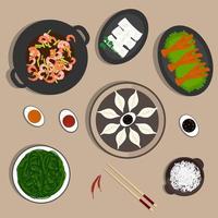 Cinese nazionale cucina vettore illustrazione, Pancakes con verdure e pollo gambe, fritte gamberetto, Ravioli, mare cavolo e riso