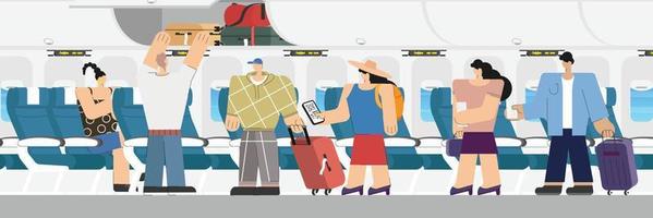 persone passeggeri imbarco aereo per seduta su sedie nel aereo cabina durante aria volo. lato Visualizza di persone imbarco in viaggio di aereo.aereo interno sfondo vettore