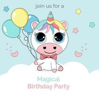 compleanno festa invito con carino unicorno Tenere colorato palloncini. vettore
