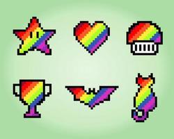 Cuore, fungo, pipistrello, trofeo, stella e gatto a 8 bit in colore arcobaleno. per giochi di risorse e schemi a punto croce nelle illustrazioni vettoriali. vettore
