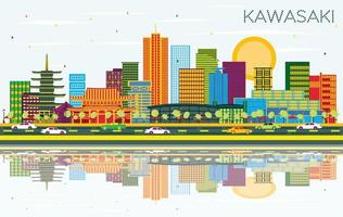 kawasaki Giappone città orizzonte con colore edifici, blu cielo e riflessi. vettore