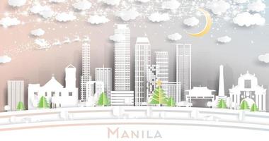 manila Filippine città orizzonte nel carta tagliare stile con fiocchi di neve, Luna e neon ghirlanda. vettore