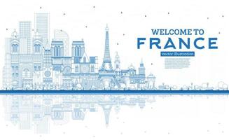 schema benvenuto per Francia orizzonte con blu edifici. vettore