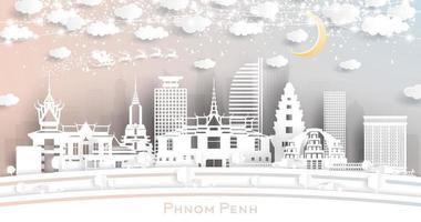phnom penh Cambogia città orizzonte nel carta tagliare stile con fiocchi di neve, Luna e neon ghirlanda. vettore
