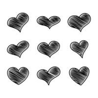 impostato di nove nero scarabocchiare cuori. simbolo di amore. vettore illustrazione.