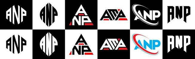 anp lettera logo design nel sei stile. anp poligono, cerchio, triangolo, esagono, piatto e semplice stile con nero e bianca colore variazione lettera logo impostato nel uno tavola da disegno. anp minimalista e classico logo vettore