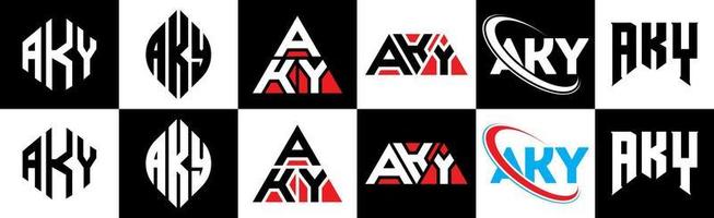 aky lettera logo design nel sei stile. aky poligono, cerchio, triangolo, esagono, piatto e semplice stile con nero e bianca colore variazione lettera logo impostato nel uno tavola da disegno. aky minimalista e classico logo vettore