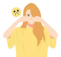 giovane ragazza con bionda capelli pianto con triste emoji. copertina tutti e due occhi con mani. triste espressione. metà corpo. concetto di sensazione, stato di mente. vettore piatto stile illustrazione.