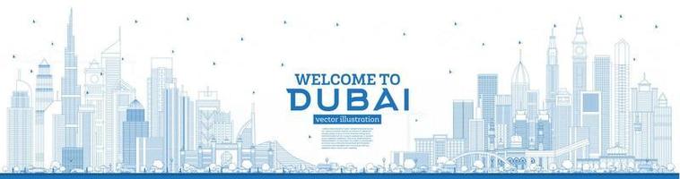 schema benvenuto per dubai Emirati Arabi Uniti orizzonte con blu edifici. vettore