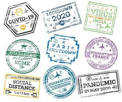 covid-19 collezione di grunge passaporto francobolli isolato su bianca. vettore