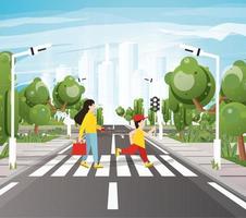 mamma con figlio attraversamento strada su attraversamento pedonale, strada marcature, marciapiede per pedoni, alberi e traffico luci. vettore