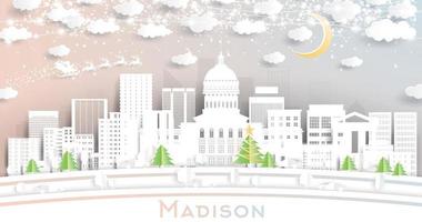 madison Wisconsin città orizzonte nel carta tagliare stile con fiocchi di neve, Luna e neon ghirlanda. vettore