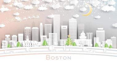 boston Massachusetts Stati Uniti d'America città orizzonte nel carta tagliare stile con fiocchi di neve, Luna e neon ghirlanda. vettore