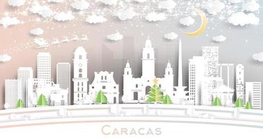 caracas Venezuela città orizzonte nel carta tagliare stile con fiocchi di neve, Luna e neon ghirlanda. vettore