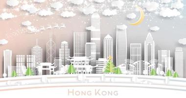 hong kong Cina città orizzonte nel carta tagliare stile con fiocchi di neve, Luna e neon ghirlanda. vettore