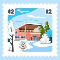 inverno paesaggio con chalet o Casa timbro postale vettore