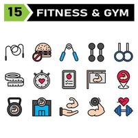 salutare e fitness icona impostato includere corda, salto, Salta, sano, fitness, palestra, hamburger, no cibo, malsano, cibo, dieta, pinza, pinze, mano, bodybuilding, sollevamento, il peso, aerobica, esercizio vettore