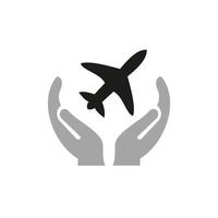 mano aereo logo design. viaggio logo con mano concetto vettore. mano e aereo logo design vettore