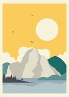 minimalista nord America montagna paesaggio illustrazione manifesto. medio secolo moderno vettore illustrazione con mano disegnato montagne e lago.