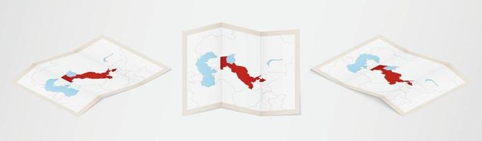 piegato carta geografica di Uzbekistan nel tre diverso versioni. vettore