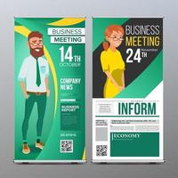 rotolo su In piedi vettore. verticale bandiera vuoto design. uomo d'affari e attività commerciale donna. per attività commerciale conferenza. invito concetto. verde, giallo. moderno piatto illustrazione vettore