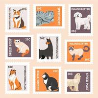 affrancatura francobollo con carino colorato gatto, cane personaggio vettore