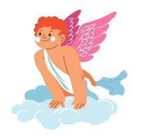 eccitato angelo ragazzo seduta su nuvole su paradisi vettore