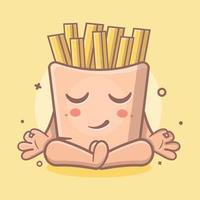 kawaii francese patatine fritte cibo personaggio portafortuna con yoga meditazione posa isolato cartone animato nel piatto stile design vettore