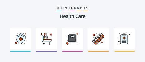 Salute cura linea pieno 5 icona imballare Compreso medico. dieta. paziente letto. ospedale letto. creativo icone design vettore