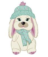 giocattolo carino crema coniglio con rosa orecchie nel un' berretto e un' turchese sciarpa. bambino illustrazione vettore