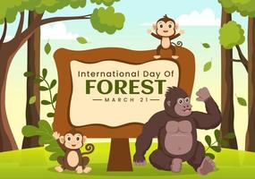 mondo silvicoltura giorno su marzo 21 illustrazione per educare, amore e proteggere il foresta nel piatto cartone animato mano disegnato atterraggio pagina modelli vettore