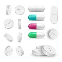 realistico pillole e farmaci impostato vettore. antidolorifico, farmaceutico antibiotici. isolato illustrazione vettore