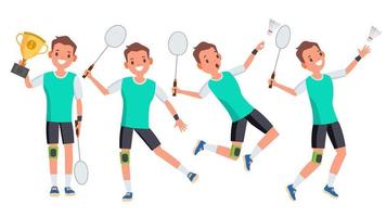 badminton maschio giocatore vettore. giocando nel diverso pose. uomo atleta. isolato su bianca cartone animato personaggio illustrazione vettore