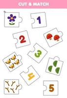 formazione scolastica gioco per bambini tagliare pezzo di puzzle e incontro di numero di carino cartone animato fiore fungo cespuglio farfalla ramo stampabile natura foglio di lavoro vettore