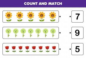 formazione scolastica gioco per bambini contare il numero di carino cartone animato fiore e incontro con il giusto numeri stampabile natura foglio di lavoro vettore