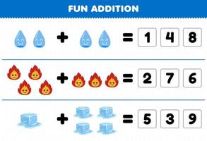 formazione scolastica gioco per bambini divertimento aggiunta di indovina il corretta numero di carino cartone animato acqua fuoco ghiaccio stampabile natura foglio di lavoro vettore