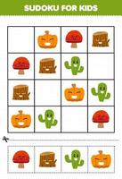 formazione scolastica gioco per bambini sudoku per bambini con carino cartone animato fungo legna log cactus zucca stampabile natura foglio di lavoro vettore