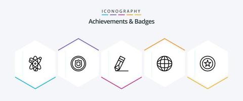 realizzazioni e badge 25 linea icona imballare Compreso premio. ghirlanda. risultato. terra. realizzazione vettore