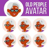 indiano vecchio donna avatar impostato vettore. indù. asiatico. viso emozioni. anziano persona ritratto. anziano le persone. invecchiato. emozioni, emotivo. tempo libero, Sorridi. cartone animato testa illustrazione vettore